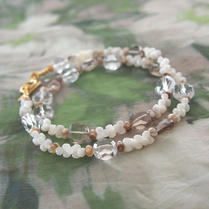 Smoky Quartz, Rock Crystal, Shell beads Necklace- Snowberry