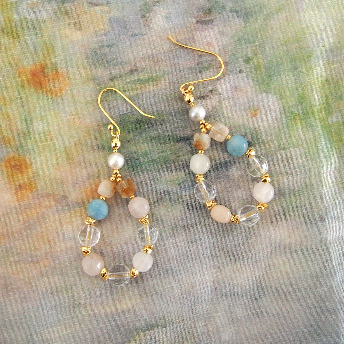 Rock Crystal, Beryl, Citrine, Pearls Earrings- Hope
