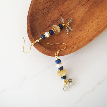 Lepidolite, Pearls, Lapis Lazuli, Quartz Rutilated Earrings- Power