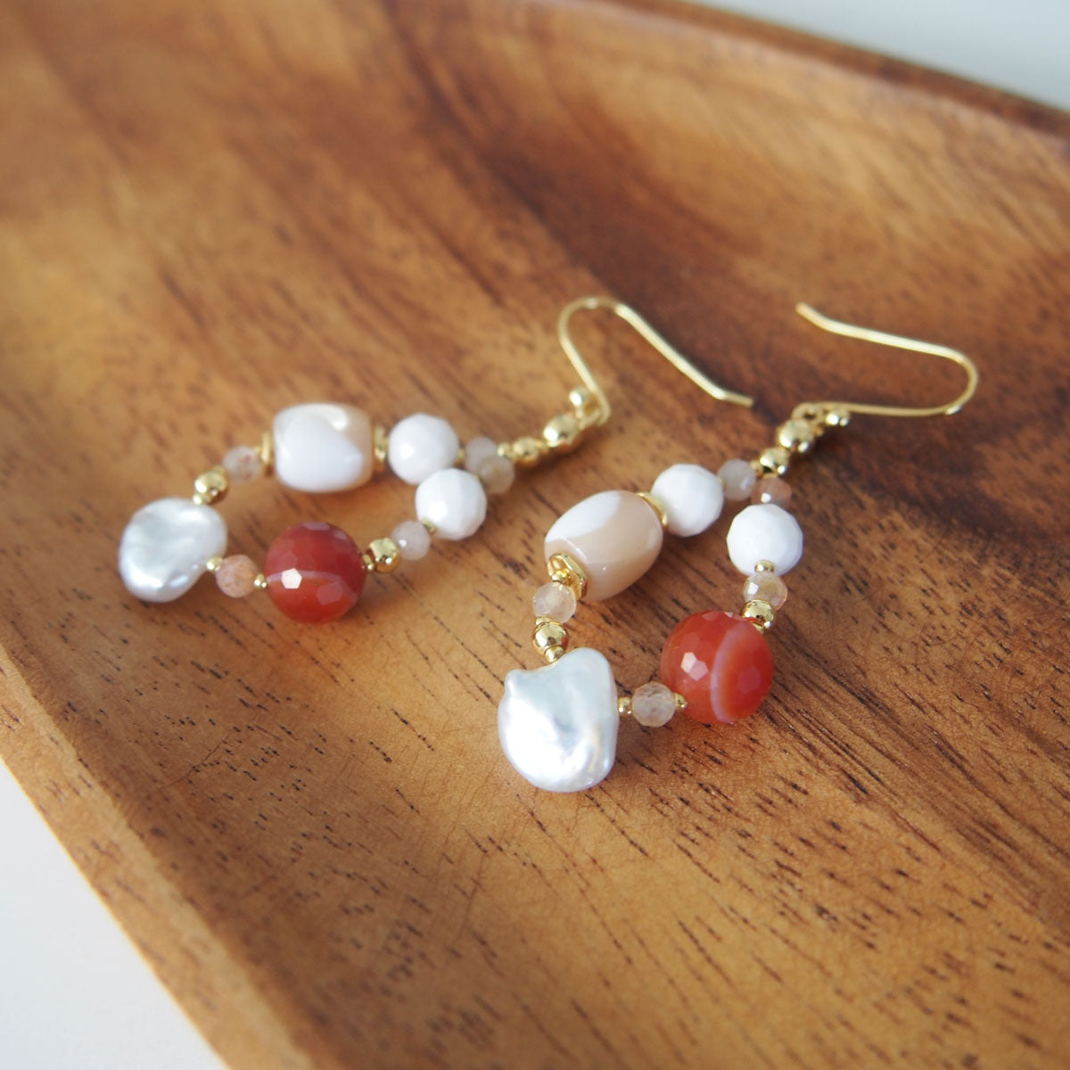 Pearls, Shell beads, Agate, Sunstone Earrings- Red sun