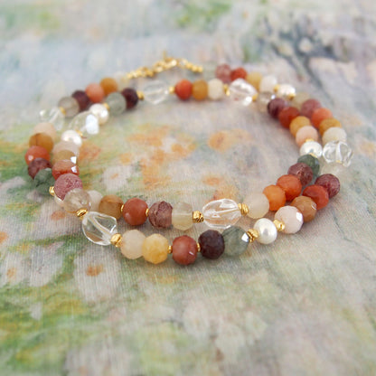 Agate, Pearls, Quartz Rutilated, Rock Crystal, Strawberry Quartz Necklace- Vigour
