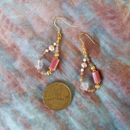 Rhodonite, Rock Crystal, Pearls, Sakura agate Earrings- Love