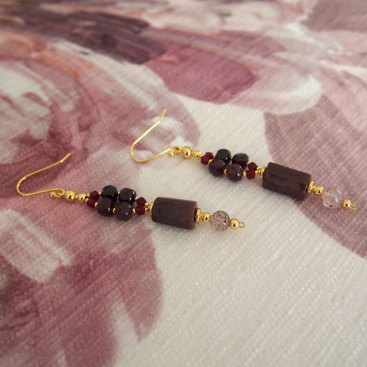 Garnet, Strawberry Quartz, Red Corundum(Synthetic) Earrings- Love