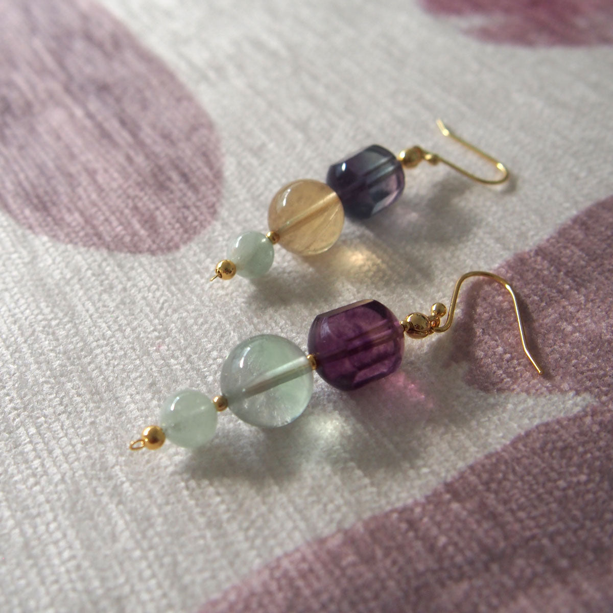Fluorite, Beryl(light blue) Earrings-Dreamlike