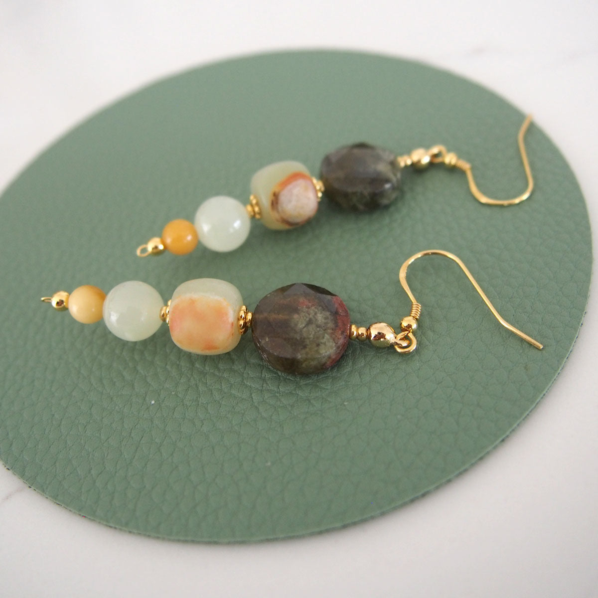 Garnet, Serpentine Jade, Calcite, Quartzose Jade Earrings-Vitality
