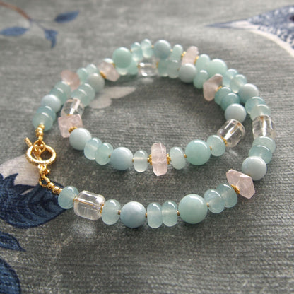 Rose Quartz, Rock Crystal, Amazonite, Beryl, Chalcedony Necklace- Romance
