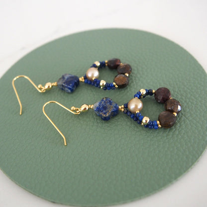 Lapis Lazuli, Bronzite, Pearls Earrings- Night Sky