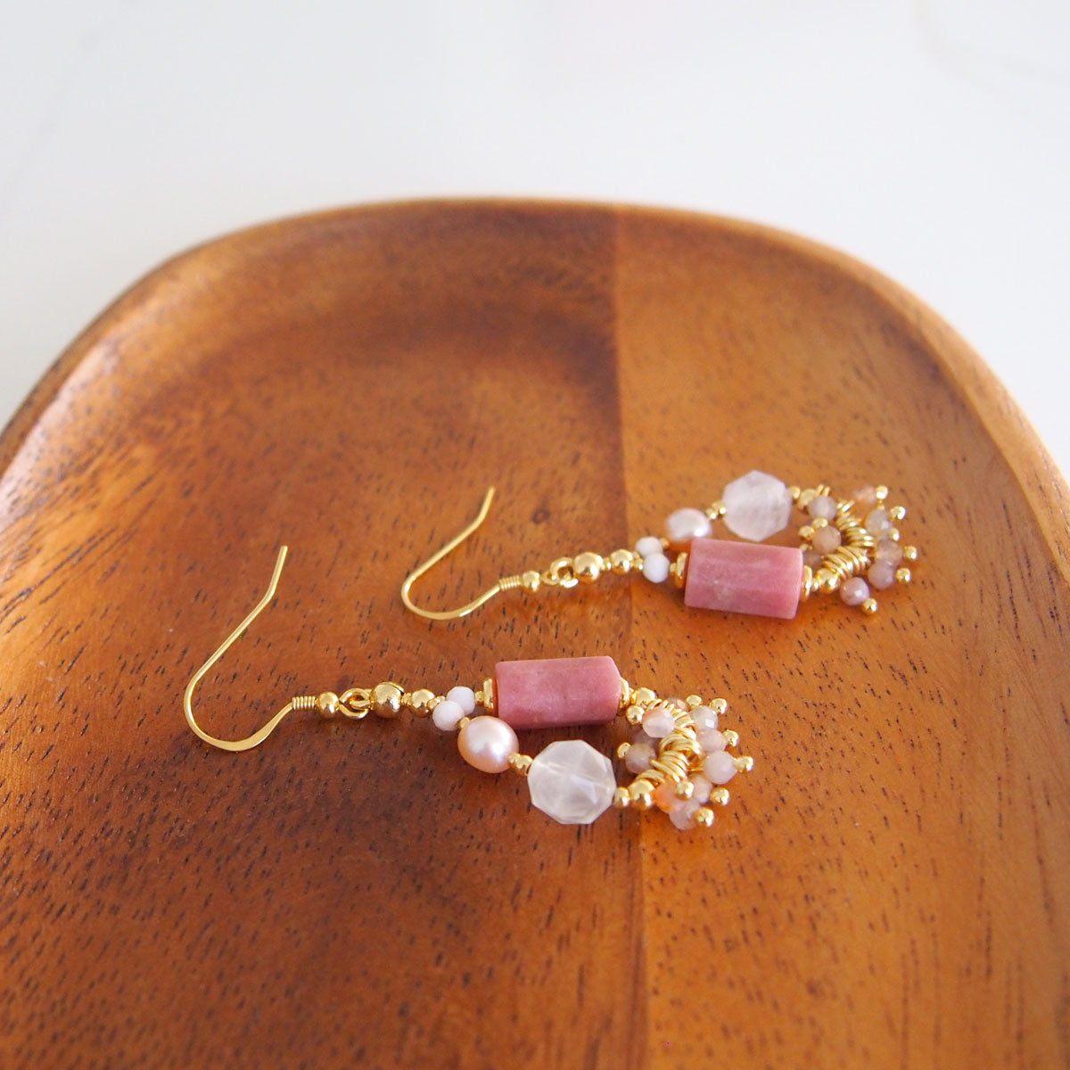Rhodonite, Rock Crystal, Pearls Sakura agate Earrings- Love
