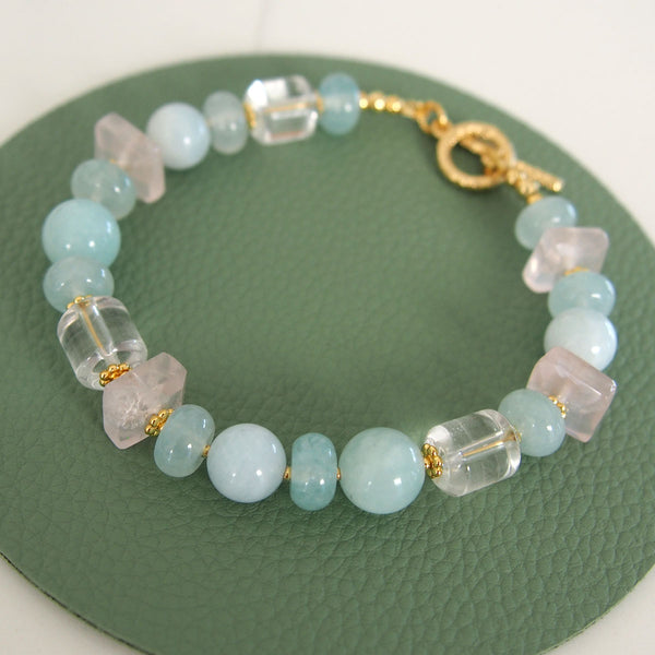 Rose Quartz, Rock Crystal, Amazonite, Beryl, Chalcedony Bracelete–Romance