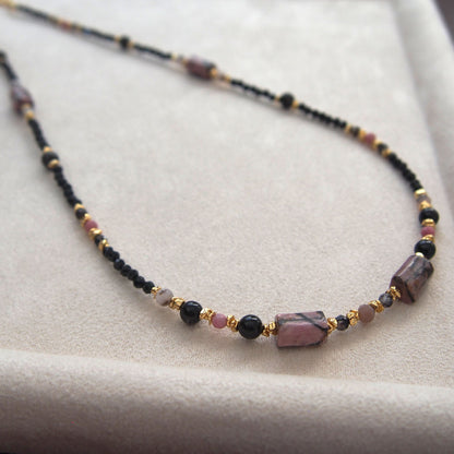 Rhodonite, Tourmaline(black), Opal(common), Rhodochrosite, Lolite Necklace–Dangerous tenderness