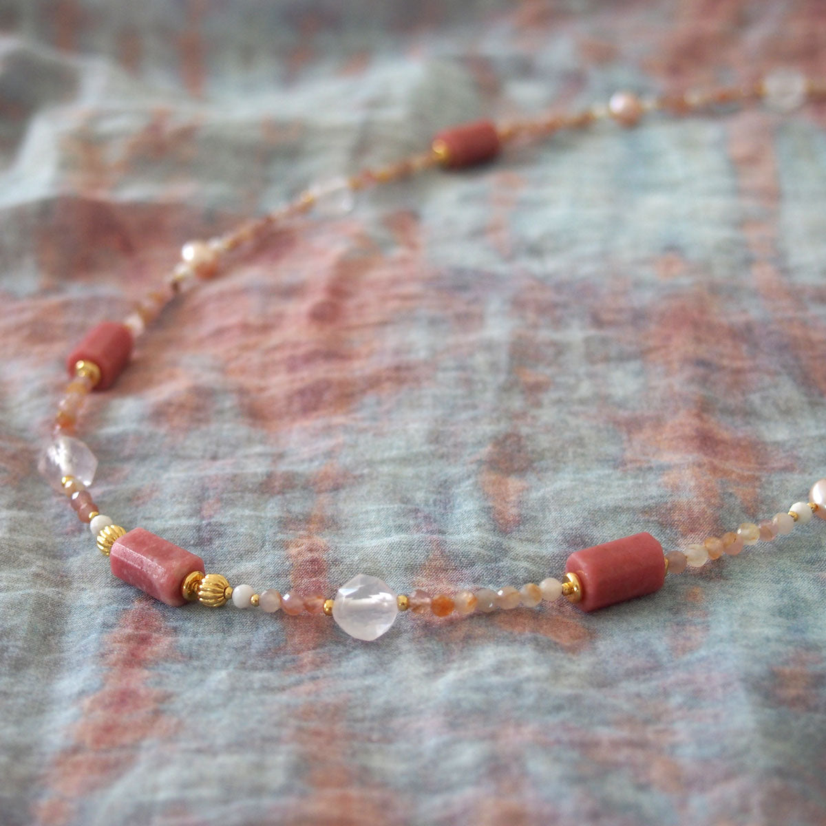 Rhodonite, Rock Crystal, Pearls, Sakura agate Necklace- Love