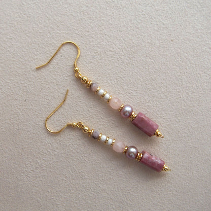 Rhodonite, Pearls, Morganite, Common Opal Earrings–Rosa multiflora