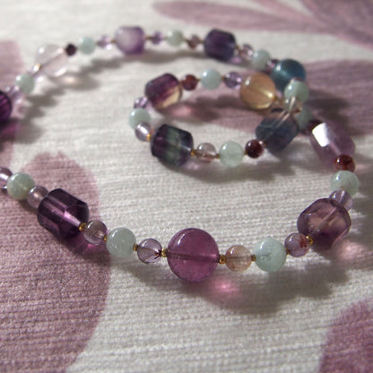 Fluorite, Beryl(light blue), Amethyst Necklace- Dreamlike
