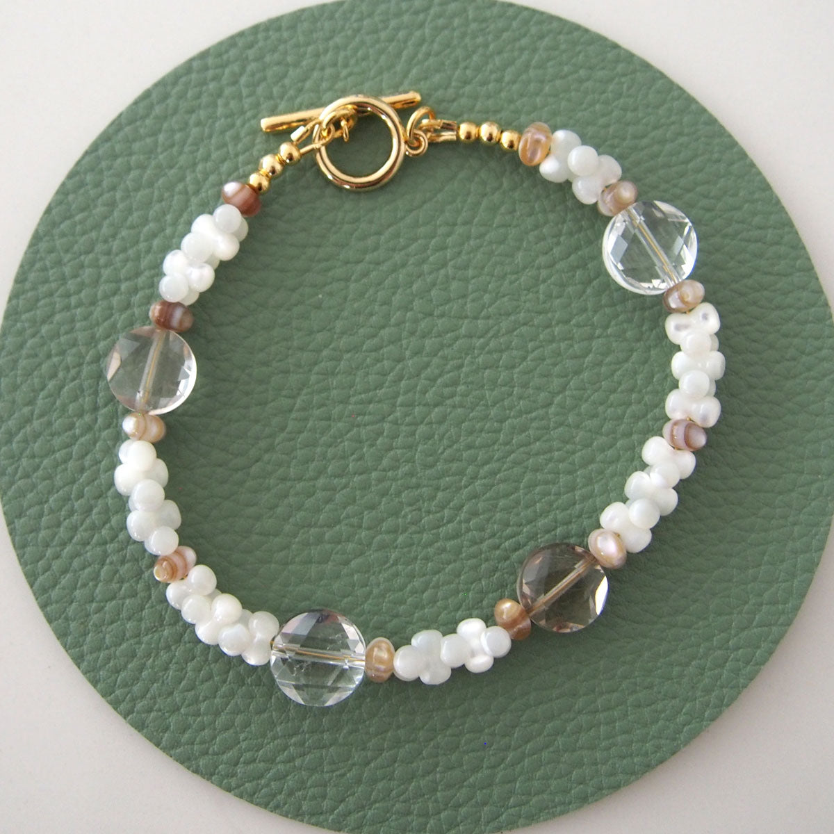 Smoky Quartz, Rock Crystal, Shell beads Bracelet- Snowberry