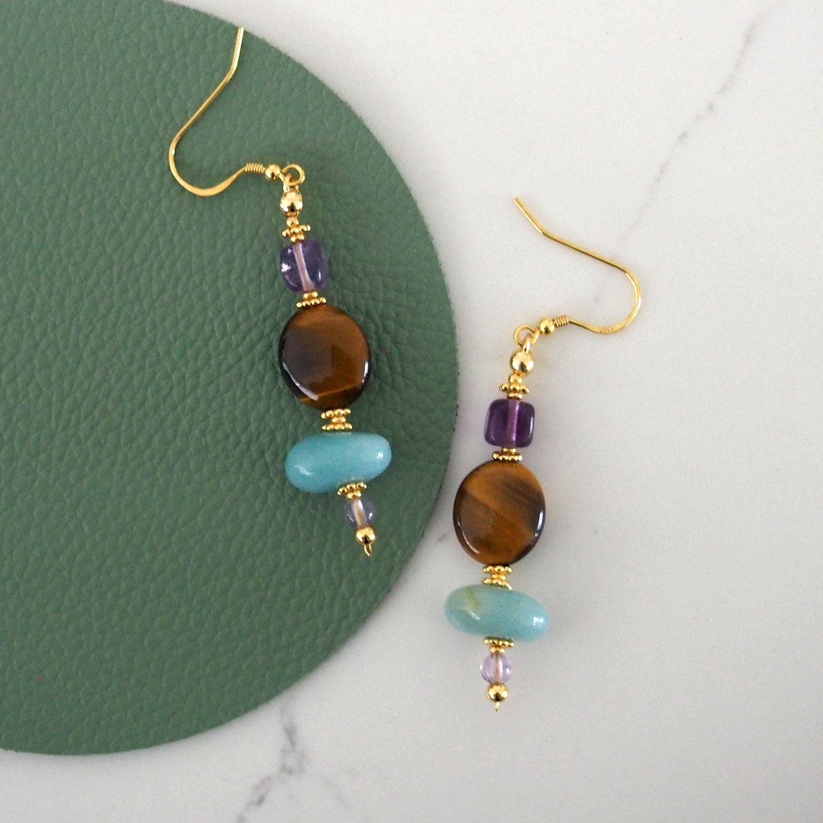 Tiger’s eye, Amazonite, Amethyst Earrings- Courage