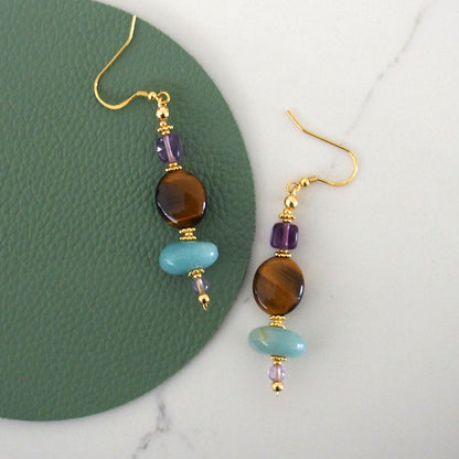 Tiger’s eye, Amazonite, Amethyst Earrings- Courage