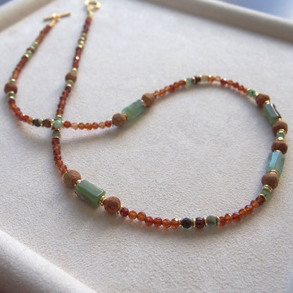 Common Opal(green), Amber(Raw crust), Chrysoprase, Garnet(orange) Necklace–Buds