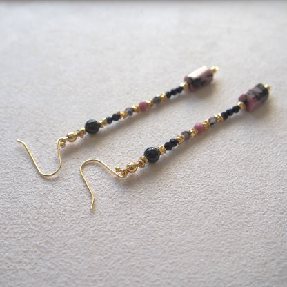 Rhodonite, Tourmaline(black), Rhodochrosite, Lolite Earrings–Dangerous tenderness