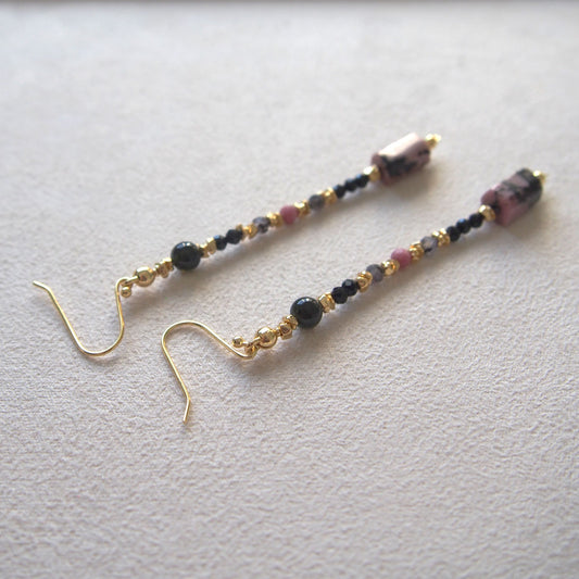 Rhodonite, Tourmaline(black), Rhodochrosite, Lolite Earrings–Dangerous tenderness