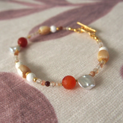 Pearls, Shell beads, Agate, Sunstone Bracelet- Red sun