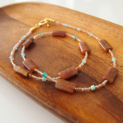 Quartz Rutilated, Amazonite, Sunstone Necklace- Late Autumn