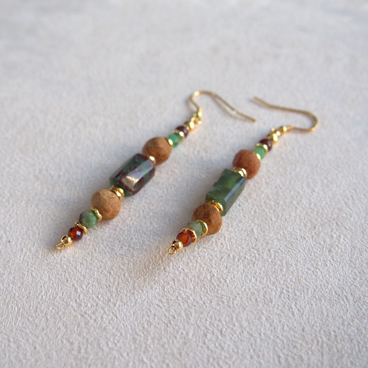 Common Opal(green), Amber(Raw crust), Chrysoprase, Garnet(orange) Earrings–Buds