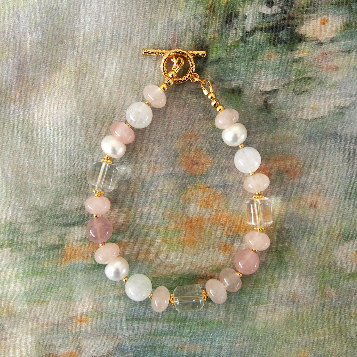 Rock Crystal, Moonstone, Rose Quartz, Pearls Bracelet- Romance