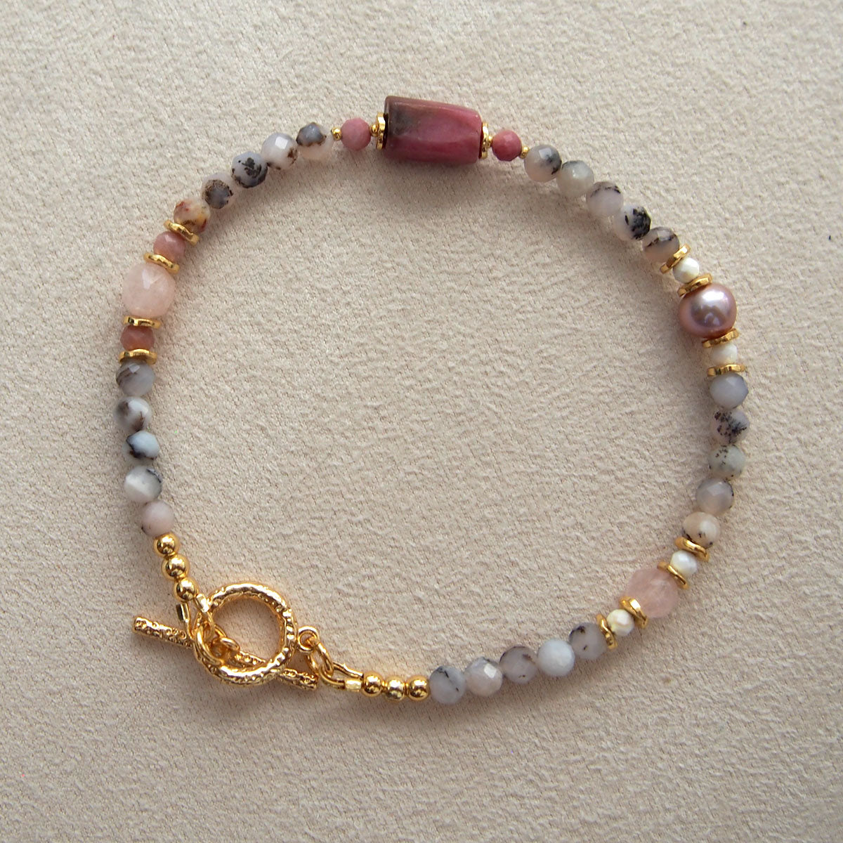 Rhodonite, Pearls, Morganite, Common Opal, Rhodochrosite Bracelet–Rosa multiflora