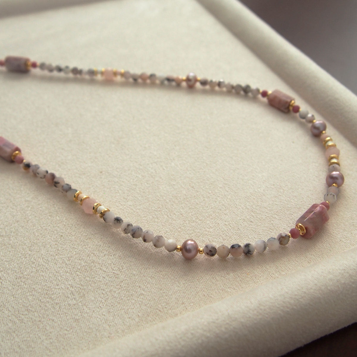 Rhodonite, Pearls, Morganite, Common Opal, Rhodochrosite Necklace–Rosa multiflora