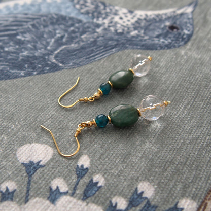 Rock crystal,  Jade(oval),  Apatite Earrings-Blue Spring