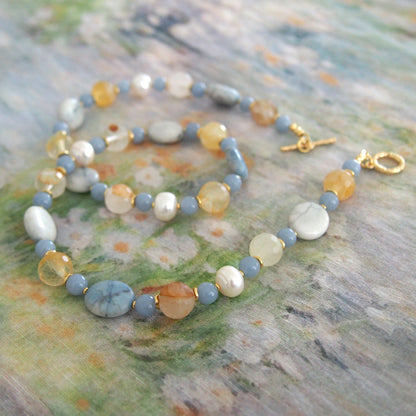 Magnesite, Pearls, Inclusion Quartz, Blue Anhydrite Necklace-Sky