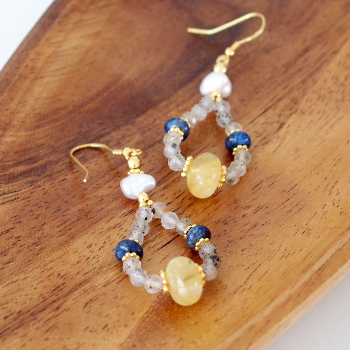 Lepidolite, Pearls, Lapis Lazuli, Quartz Rutilated Earrings- Power