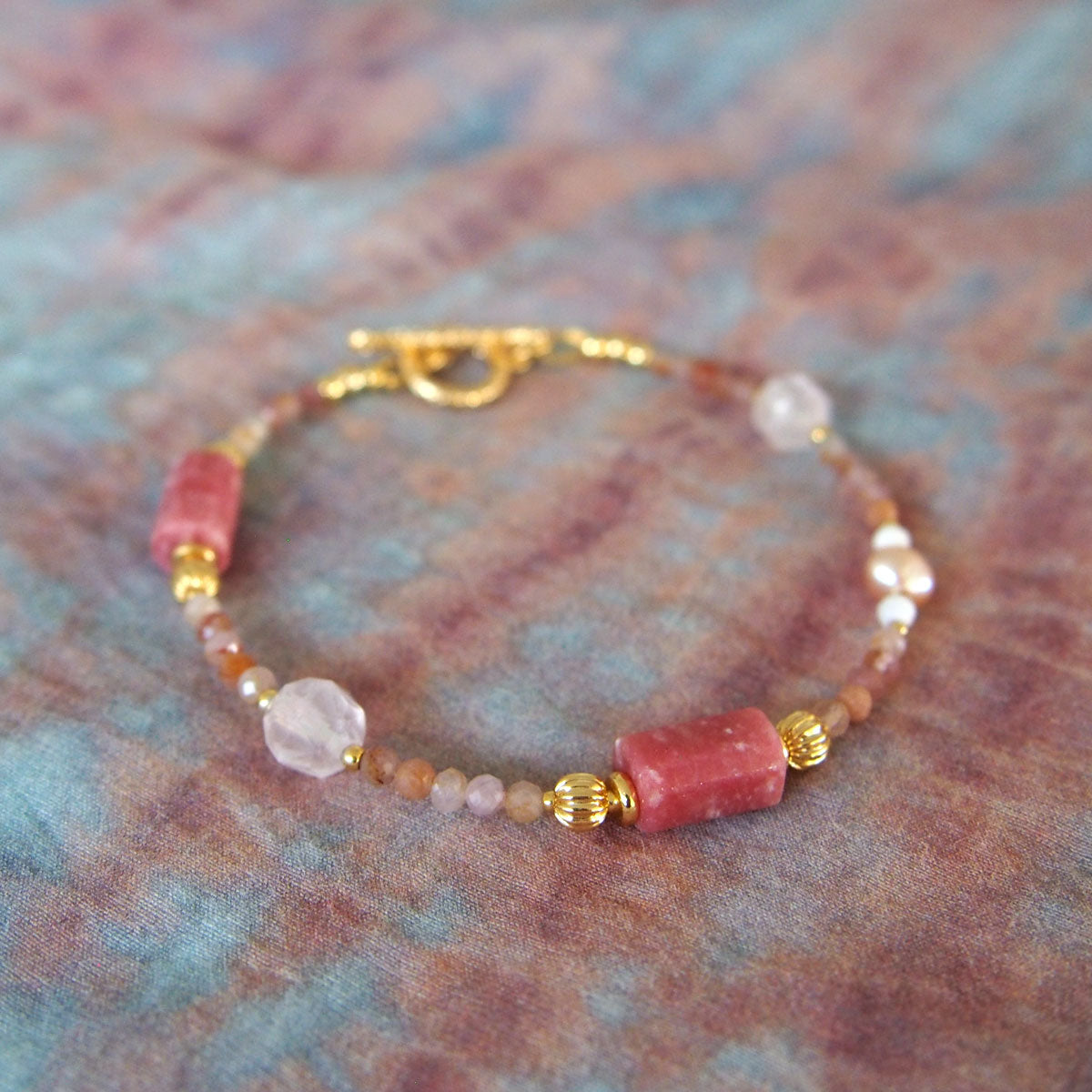 Rhodonite, Rock Crystal, Pearls, Sakura agate Bracelet- Love
