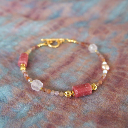 Rhodonite, Rock Crystal, Pearls, Sakura agate Bracelet- Love