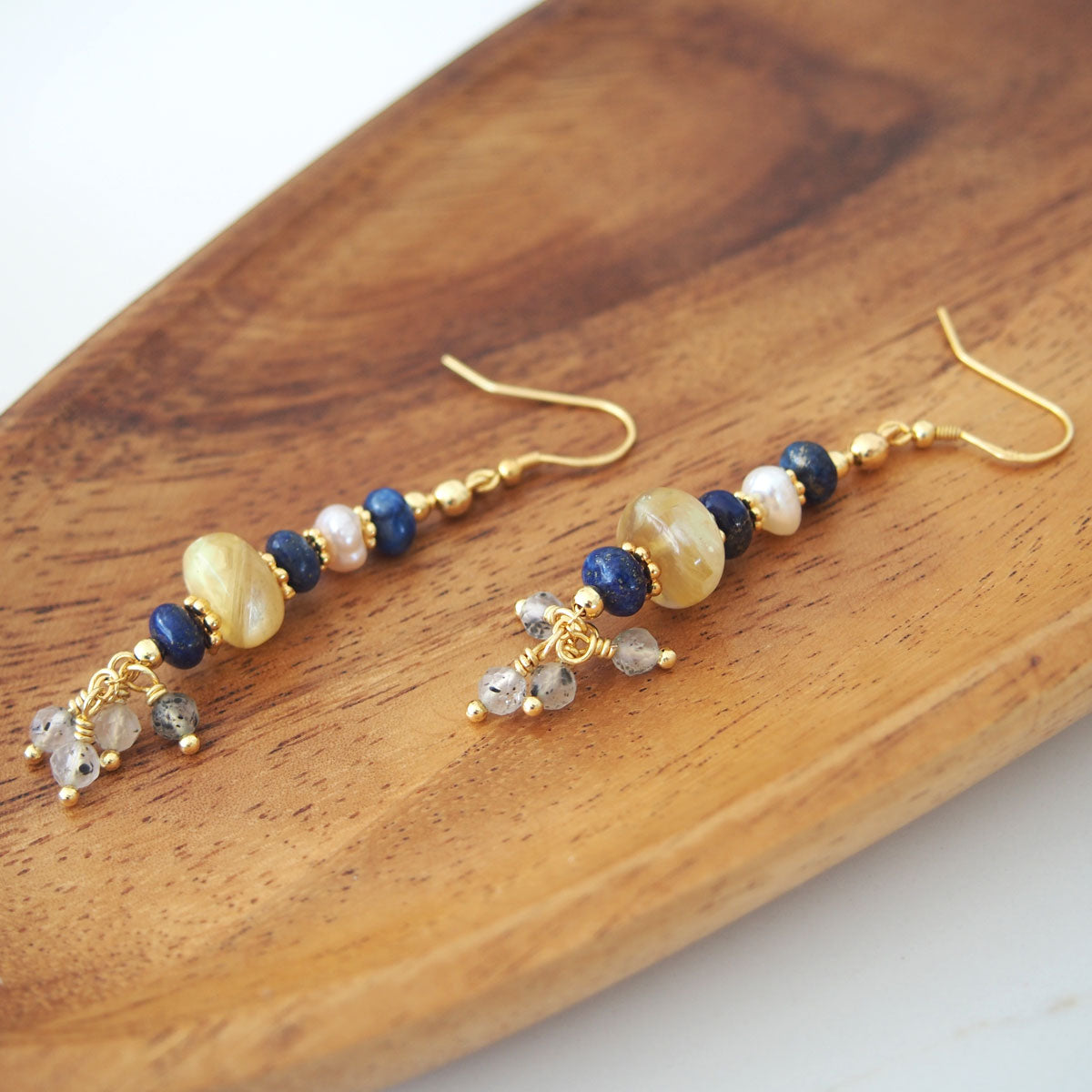 Lepidolite, Pearls, Lapis Lazuli, Quartz Rutilated Earrings- Power