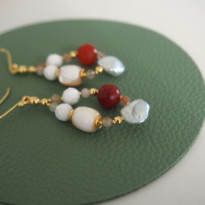 Pearls, Shell beads, Agate, Sunstone Earrings- Red sun