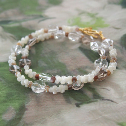 Smoky Quartz, Rock Crystal, Shell beads Necklace- Snowberry