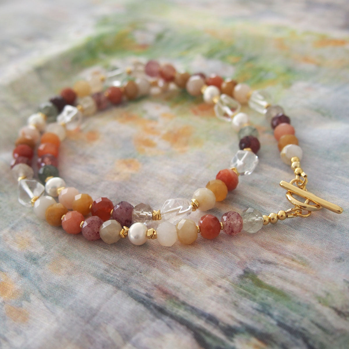 Agate, Pearls, Quartz Rutilated, Rock Crystal, Strawberry Quartz Necklace- Vigour