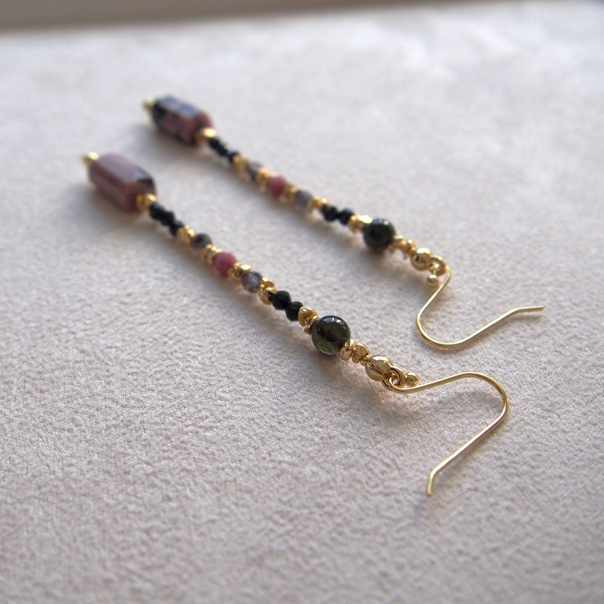 Rhodonite, Tourmaline(black), Rhodochrosite, Lolite Earrings–Dangerous tenderness