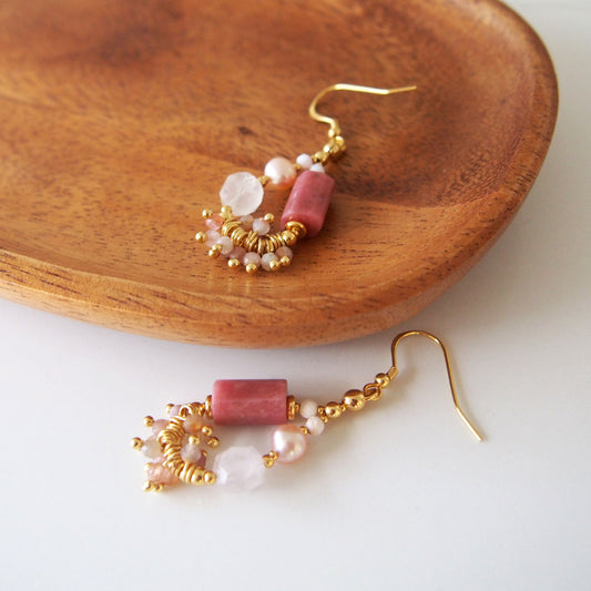 Rhodonite, Rock Crystal, Pearls Sakura agate Earrings- Love