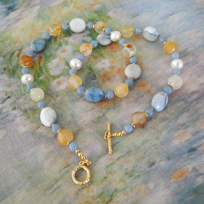 Magnesite, Pearls, Inclusion Quartz, Blue Anhydrite Necklace-Sky
