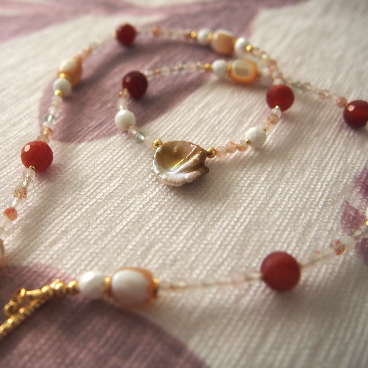 Pearls, Shell beads, Agate, Sunstone Necklace- Red sun