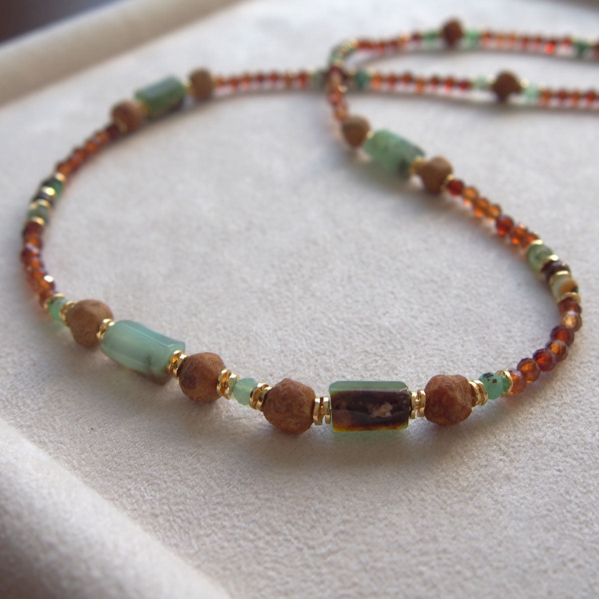 Common Opal(green), Amber(Raw crust), Chrysoprase, Garnet(orange) Necklace–Buds