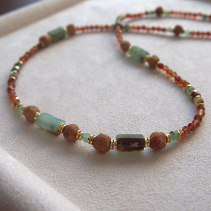 Common Opal(green), Amber(Raw crust), Chrysoprase, Garnet(orange) Necklace–Buds