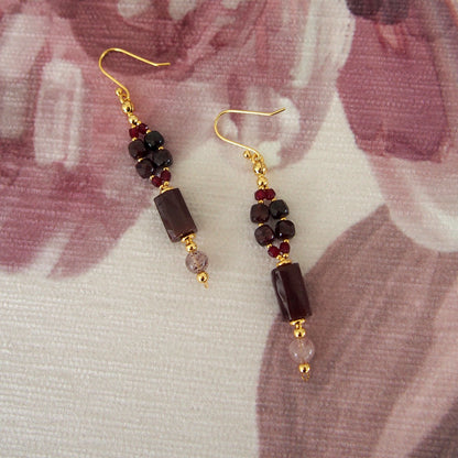 Garnet, Strawberry Quartz, Red Corundum(Synthetic) Earrings- Love