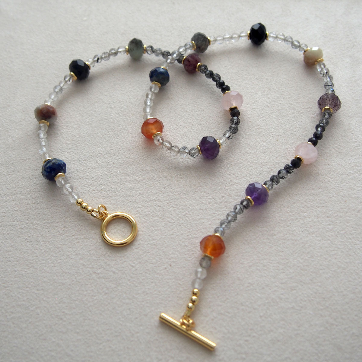 Agate, Amethyst, Lapis Lazuli, Quartz Rutilated, Rose Quartz, Strawberry Quartz Necklace- Abundance