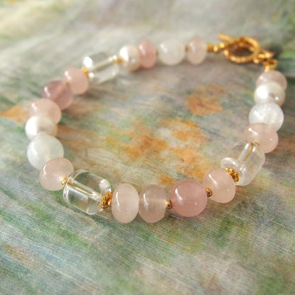 Rock Crystal, Moonstone, Rose Quartz, Pearls Bracelet- Romance