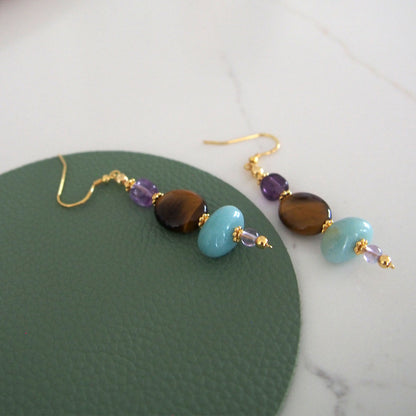 Tiger’s eye, Amazonite, Amethyst Earrings- Courage