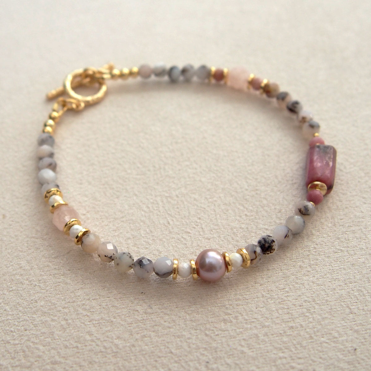 Rhodonite, Pearls, Morganite, Common Opal, Rhodochrosite Bracelet–Rosa multiflora