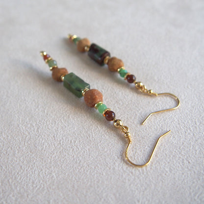 Common Opal(green), Amber(Raw crust), Chrysoprase, Garnet(orange) Earrings–Buds
